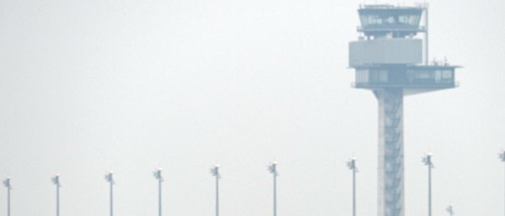 Eine Gruppe von Rehen springen vor der Kulisse des Towers auf dem neuen Hauptstadtflughafen BER in Schönefeld auf einem Feld.
