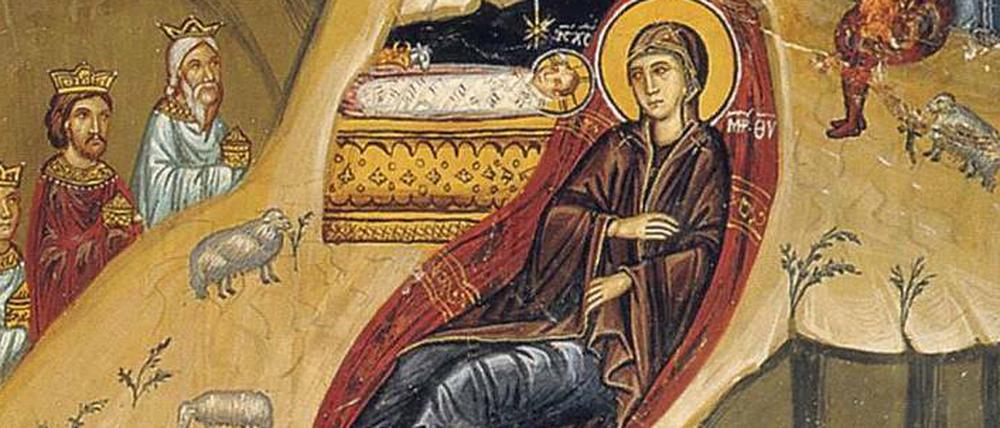 Das Kind in der Erdhöhle. Josef und der Schäfer sind unten links, daneben wird das Neugeborene gebadet. Fresko im Kirchlein des Erzengels Michael im Dorf Galata (um 1500), eine der zehn zum Weltkulturerbe erklärten Scheunendachkirchen im Troodos-Gebirge auf Zypern.
