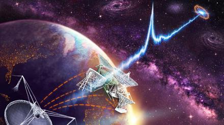 Blitz aus weiter Ferne. Die grafische Darstellung zeigt die Radioteleskope des europäischen VLBI-Netzwerks, die untereinander und mit dem 305-Meter William E. Gordon Teleskop im Arecibo Observatorium in Puerto Rico verbunden sind. Durch sie zusammen wurde die Position des Radioblitzes FRB121102 bestimmt.