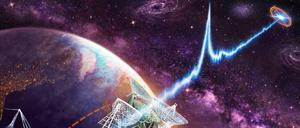 Blitz aus weiter Ferne. Die grafische Darstellung zeigt die Radioteleskope des europäischen VLBI-Netzwerks, die untereinander und mit dem 305-Meter William E. Gordon Teleskop im Arecibo Observatorium in Puerto Rico verbunden sind. Durch sie zusammen wurde die Position des Radioblitzes FRB121102 bestimmt.