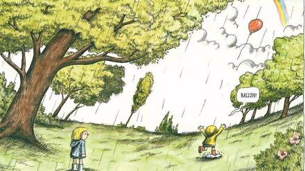 Weg ist er. Matilda schenkt dem Regenbogen Clemmies roten Ballon, was diese gar nicht witzig findet. 