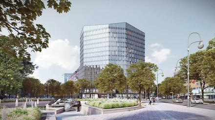 So stellt sich das Architektenbüro Grüntuch Ernst das 15-stöckige Bürohaus vor. Im Vordergrund sieht man den Olof-Palme-Platz. 
