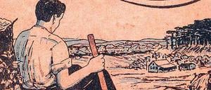 Auf einem Kalenderdeckblatt von 1930 ist ein sitzender Mann zu sehen, der eine Axt in der Hand hält und auf ein Tal mit einem Bauernhaus blickt.