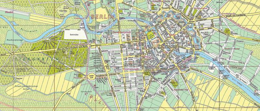 Berlin 1742. Gut erkennbar ist die Zollmauer um die Stadt, die im Südwesten entlang der heutigen Stresemannstraße verläuft.