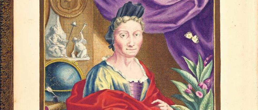 Historische Darstellung einer Frau, die inmitten von Sammlungsgegenständen an einem Schreibtisch sitzt.