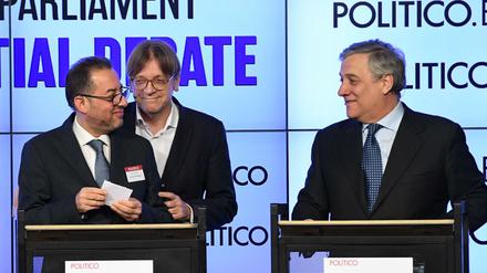 Der Sozialdemokrat Pittella, der Liberale Verhofstadt und der Konservative Tajani (v.l.n.r.) wollen EU-Parlamentschef werden.
