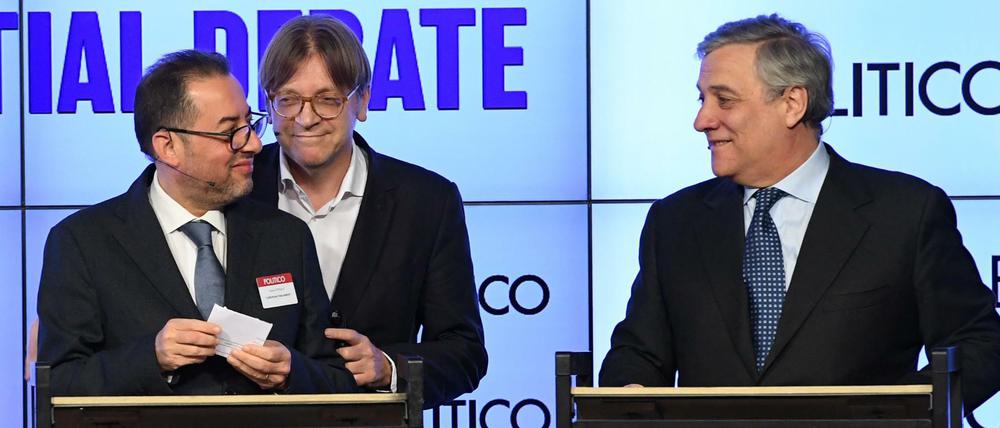 Der Sozialdemokrat Pittella, der Liberale Verhofstadt und der Konservative Tajani (v.l.n.r.) wollen EU-Parlamentschef werden.