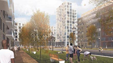 Wohnpark Herzberge. Bis 25 Meter hohe Wohnhäuser und ein Turmhaus sollen sich um einen Stadtplatz mit Wasserbecken gruppieren. 