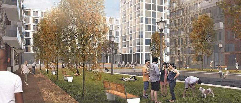 Wohnpark Herzberge. Bis 25 Meter hohe Wohnhäuser und ein Turmhaus sollen sich um einen Stadtplatz mit Wasserbecken gruppieren.
