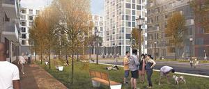Wohnpark Herzberge. Bis 25 Meter hohe Wohnhäuser und ein Turmhaus sollen sich um einen Stadtplatz mit Wasserbecken gruppieren. 