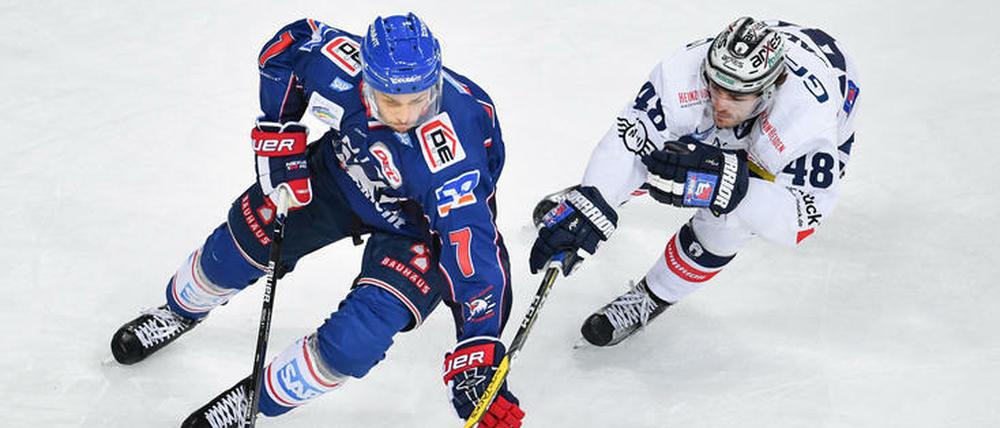 Julian Talbot (r.) hat in dieser Saison auch schon zwei Spiele verpasst, am Dienstag gegen Düsseldorf ist der Eisbären-Stürmer aber aller Voraussicht nach dabei.
