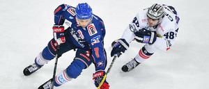 Julian Talbot (r.) hat in dieser Saison auch schon zwei Spiele verpasst, am Dienstag gegen Düsseldorf ist der Eisbären-Stürmer aber aller Voraussicht nach dabei.