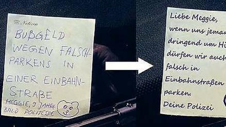 Strafzettel. Die Polizei muss sich auch an die Regeln halten, findet Meggie. 
