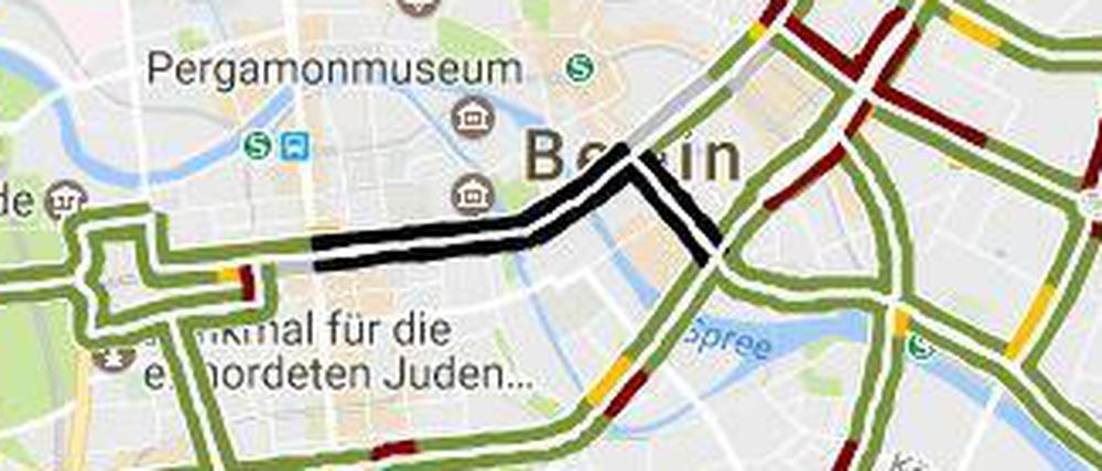 Die Lage von 10 Uhr: Die schwarz markierten Straßen sind gesperrt. Rot bedeutet: Stau. 