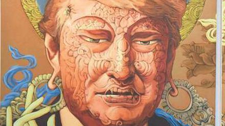 Ein Gemälde des US-Präsidenten Donald Trump auf einer Kunstschau in Neu-Dehli.