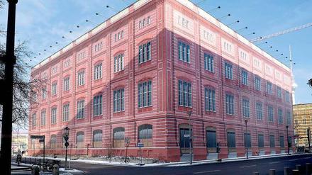 Noch ist die Fassade schöner Schein. Das Mauerwerk der Bauakademie – eine PVC-Simulation. 