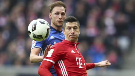 Blickfänger. Robert Lewandowski und und Benedikt Höwedes haben nur Augen für den Ball.