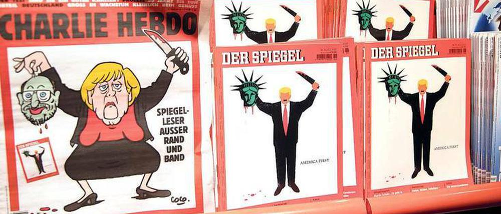 Schlachteplatte. Die aktuellen Cover von „Charlie Hebdo“ (links) und „Spiegel“.
