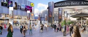 So soll das neue Vergnügungsviertel aussehen. Links das Kino, rechts die Halle.