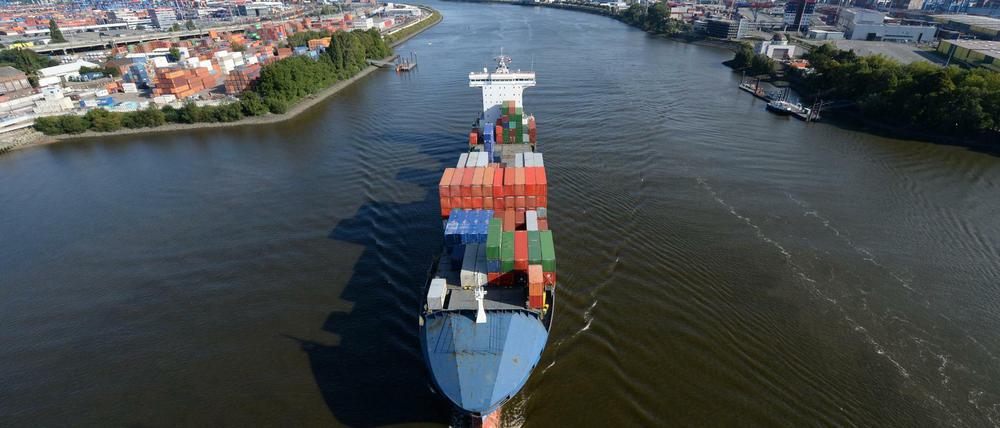 Ein Containerfrachter fährt im Hamburger Hafen über die Elbe.