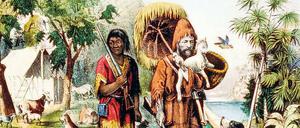 Auf einer Buchillustration geht ein schwarzer hinter einem weißen Mann hinterher, der ein Lamm auf dem Arm trägt.