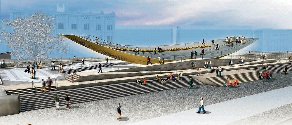 Das Modell des Einheitsdenkmals vor dem Berliner Schloss