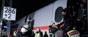 Feuerwehrleute und Mitarbeiter der DB-Sicherheit helfen in Hamburg Bahnreisenden aus einem ICE.