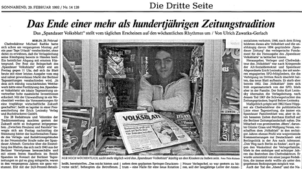 Seite 3 im Tagesspiegel - zum Ende der renommierten Tageszeitung "Spandauer Volksblatt".