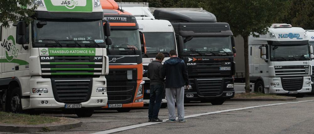 Lkw auf der Autobahnraststätte bei Bad Krozingen in Baden-Württemberg.