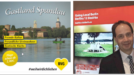 Links die BVG-Spitze, rechts die Werber auf der ITB - im Mittelpunkt der Bezirke diesmal: Spandau.