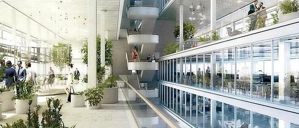 Neue Berliner Industriearchitektur. Hinter einer Fassade aus Betonfertigteilen sind Loggien, Atrien und Balkonzonen vorgesehen.