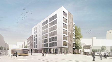 Der Entwurf von Roger Bundschuh für das Suhrkamp Haus an der Torstraße, Blick auf Volksbühne und Alexanderplatz 