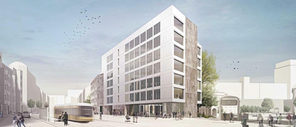 Der Entwurf von Roger Bundschuh für das Suhrkamp Haus an der Torstraße, Blick auf Volksbühne und Alexanderplatz