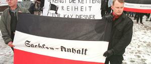 Eine NPD-Demonstration für einen inhaftierten Neonazi in Berlin. 
