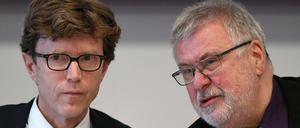 Lütke Daldrup und der ebenfalls neu gewählte Aufsichtsratschef Rainer Bretschneider vor dem BER-Sonderausschuss in Potsdam.