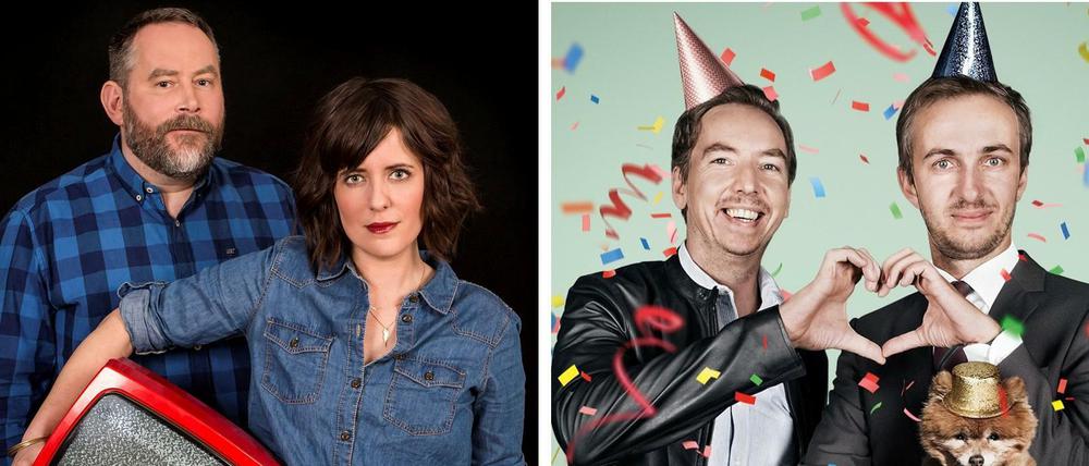 Gespräche unter Freunden: Im Podcast von Sarah Kuttner und Stefan Niggemeier (Foto links) geht es um Fernsehen, bei Olli Schulz (rechtes Bild links) und Jan Böhmermann um Gott und die Welt.