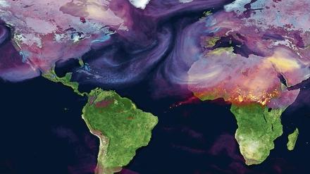 Blau steht auf dieser Grafik der amerikanischen Weltraumbehörde Nasa für städtische Zentren und ihren Kohlendioxid-Ausstoß. Rot steht für Feuer. Die Animation zeigt den CO2-Ausstoß der Welt an fünf Tagen im Juni 2006. 