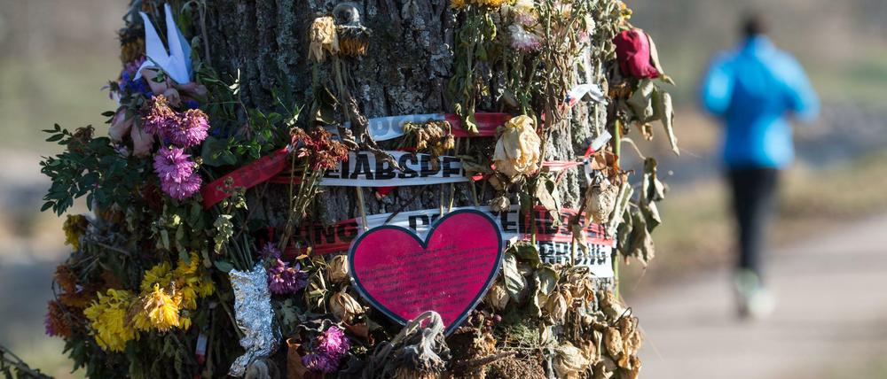 Blumen und Trauerschmuck hängen am 05.12.2016 in Freiburg an einem Baum an der Dreisam. Ein unbegleiteter minderjähriger Flüchtling wird verdächtigt, dort eine 19 Jahre alte Studentin umgebracht zu haben.