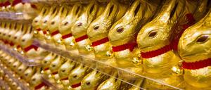 Hunderte Schokoladen-Osterhasen warten in einem Supermarktregal auf die Kunden.