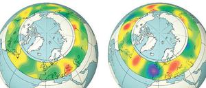 Mäandernd bläst der Jet-Stream mal südlich (gelb), mal nördlich (grün) um die Erde. Der Klimawandel beschleunigt die Luftmassen nach Süden (rot) wie gen Norden (blau). 