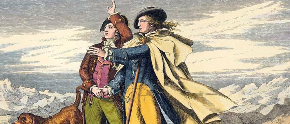 Auf dem Faulhorn. Herzog Karl August und Goethe während ihrer zweiten Schweizreise. Kolorierter Holzstich um 1860.