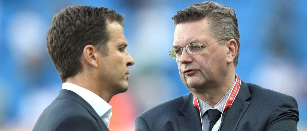 Oliver Bierhoff (links) und DFB-Präsident Gridel (rechts) sind beim Thema Nationenliga unterschiedlicher Meinung.