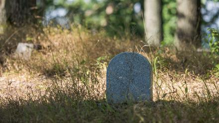 Letzte Ruhe. Ein Grabstein auf dem Naturfriedhof Sankt-Ursula in Bayern.