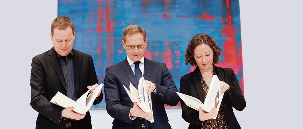 Sind sich nicht immer einig: Klaus Lederer (Linke), Michael Müller (SPD) und Ramona Pop (Grüne). 