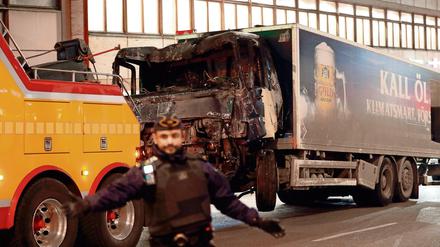 Der gestohlene Lastwagen, mit dem der Attentäter in Stockholm vier Menschen tötete.