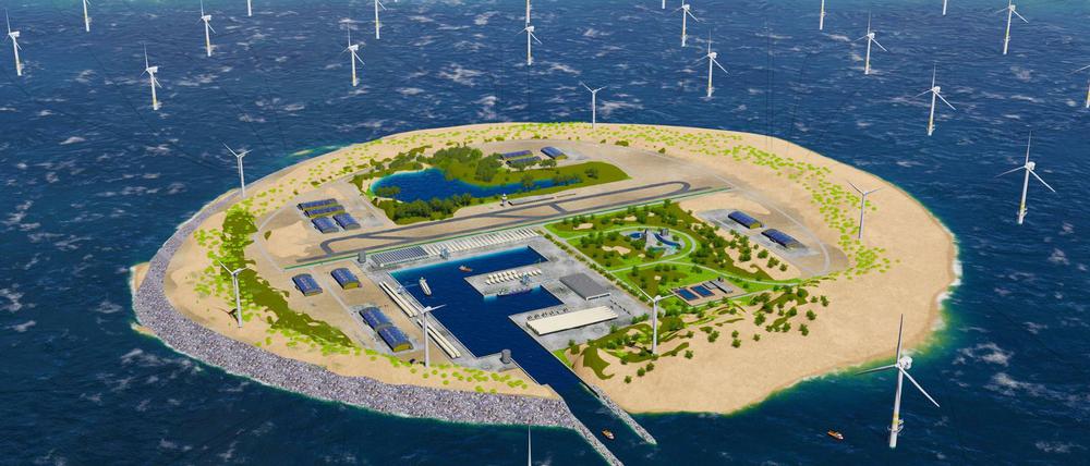 So könnte die künstliche Insel aussehen, die der Netzbetreiber Tennet auf einer Untiefe inmitten der Nordsee, der sogenannten Doggerbank, plant.