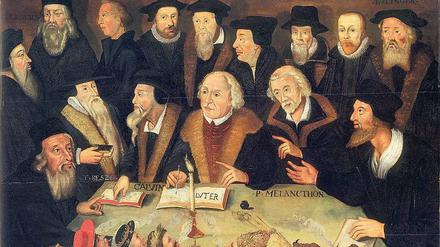 Luther selbst ist nicht oft zu sehen in der Schau, hier aber doch: "Martin Luther im Kreis von Reformatoren", Gemälde von 1625/1650.