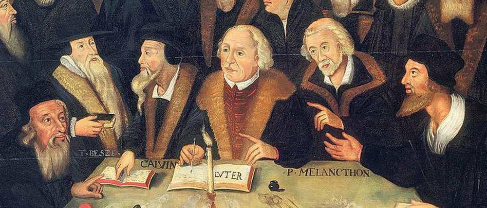 Luther selbst ist nicht oft zu sehen in der Schau, hier aber doch: "Martin Luther im Kreis von Reformatoren", Gemälde von 1625/1650.