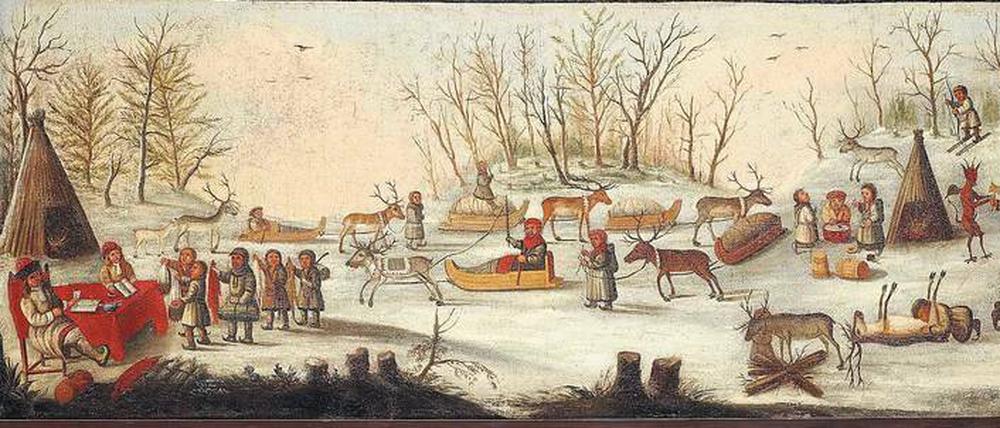 Dis sint de Sitten von Lappland?(gemalt vor 1668). Dieses Bild, das zur Zeit in der Ausstellung „Der Luther Effekt“ des Deutschen Historischen Museums im Martin Gropius Bau zu sehen ist, zeigt die heidnischen Traditionen der Samen. Zum Teil sind sie bereits vom Christentum beeinflusst (oben). 
