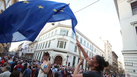 Eine junge Frau schwenkt eine Europa-Fahne, im Hintergrund ist eine große Menschenmenge zu sehen.